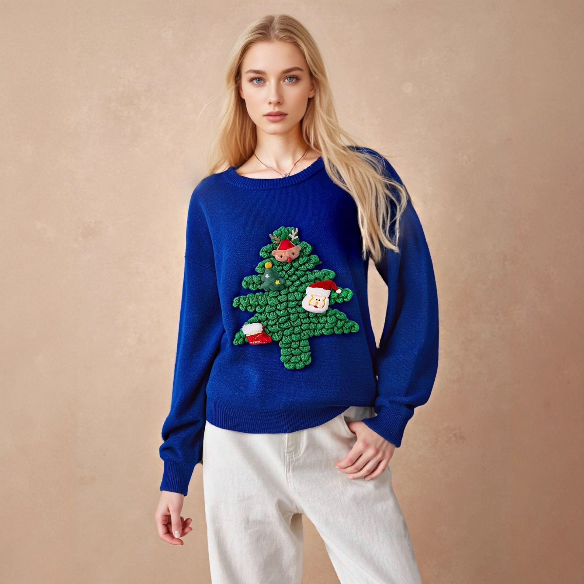 Round neck knitted sweater for women on Christmas Day