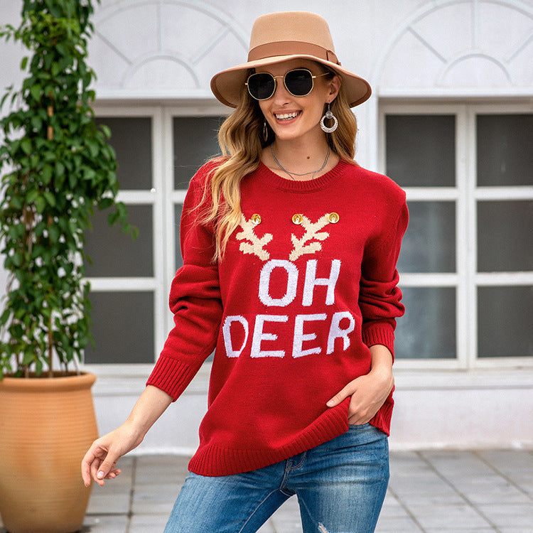 Knitted letter bell round neck Christmas casual sweater