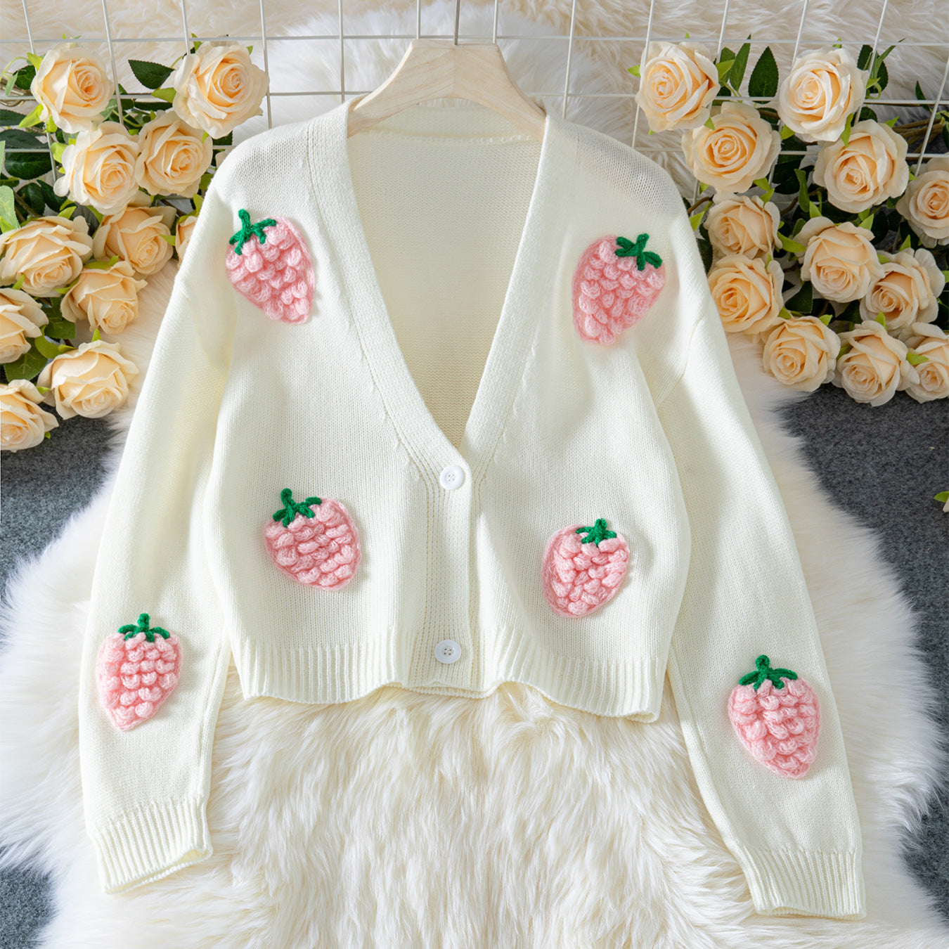 Women's Sweater Cardigan with Strawberry Pattern, Long Sleeve Knitted Top with Buttons
