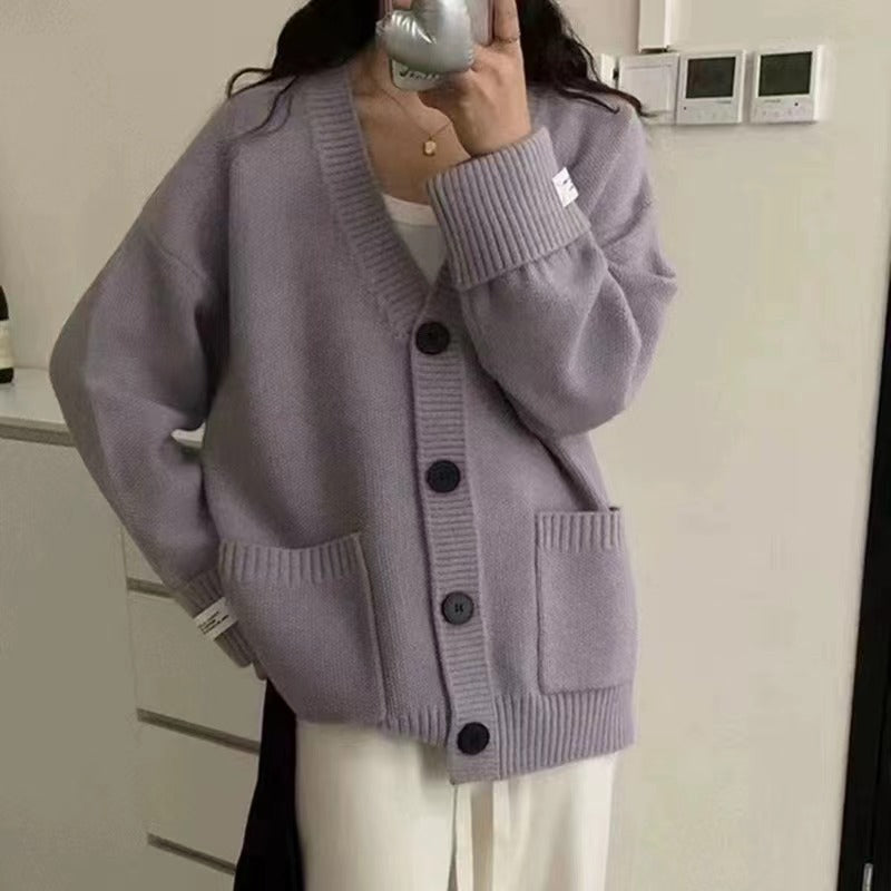 Retro Knitted Cardigan Women's Version Loose Slim Cuffed Sleeve Applique Pocket Soft Sweater Jacket