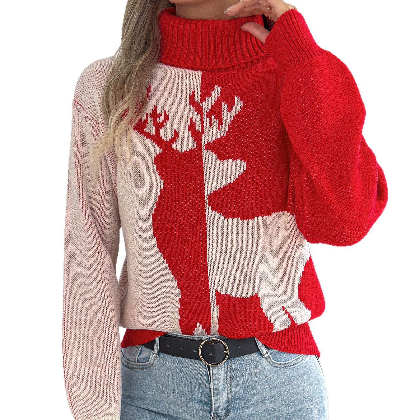 Colorful deer lantern long sleeved high necked pullover sweater