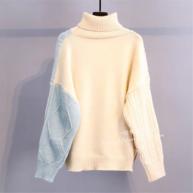 Fashion Patchwork Women Knitted Sweater  Autumn Winter Turtleneck Thick Warm Sweaters Loose Pullover Female Jumpers Tops