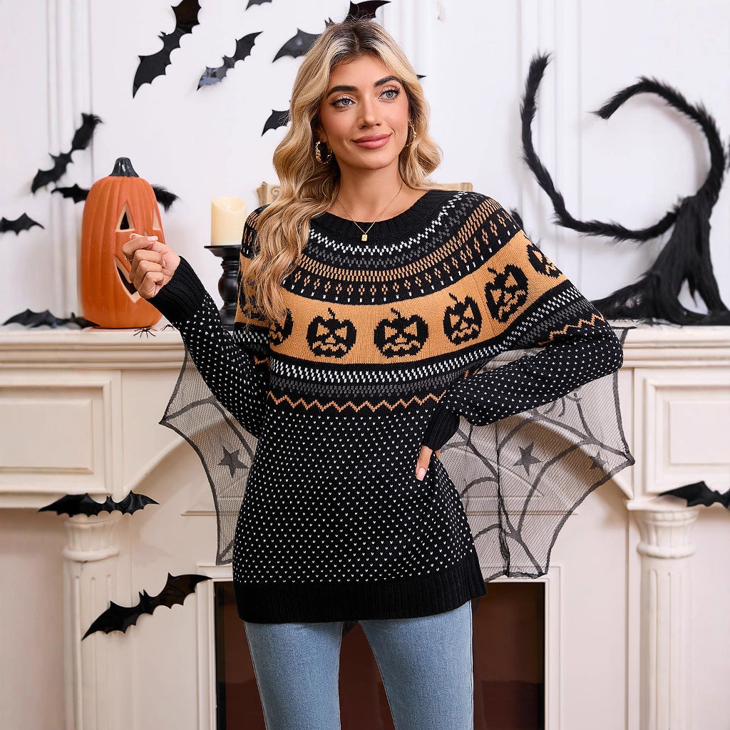 Halloween pumpkin embroidery retro polka dot long sleeved knitted sweater for women