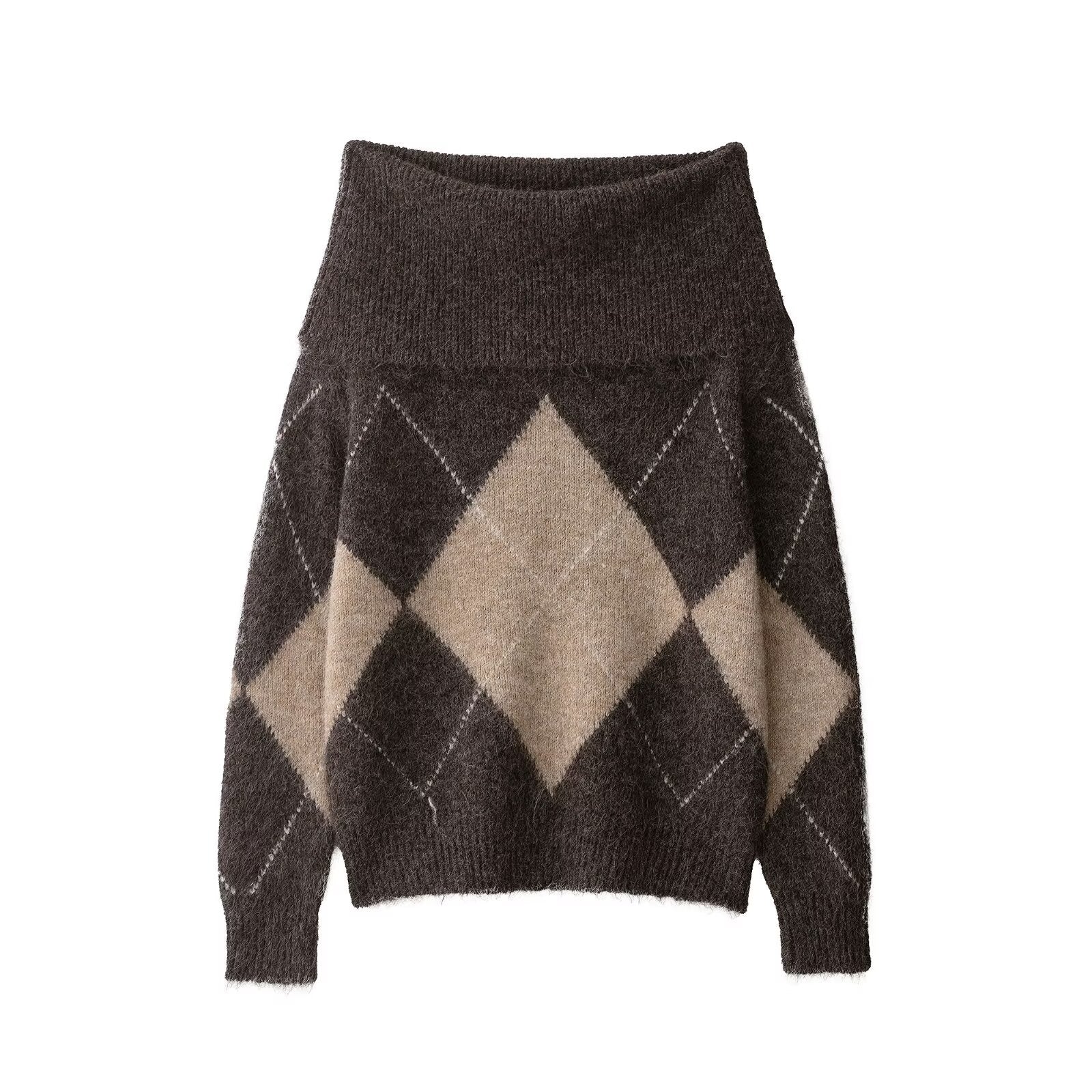 One collar long sleeved collar plaid versatile knitted sweater for women