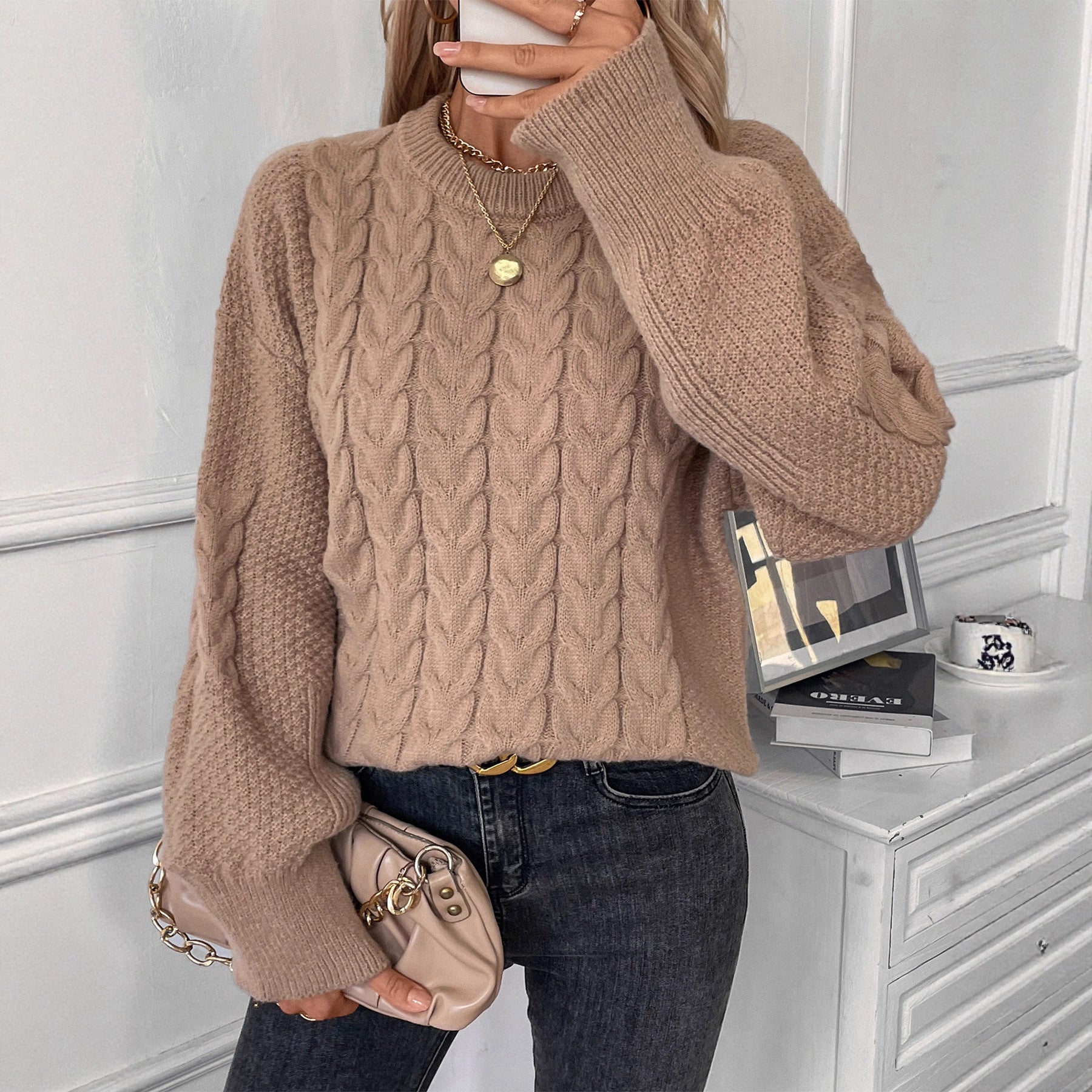 Oversized Knit Sweater Women's Loose Fit Crew Neck Solid Color Cable Knit Casual Outerwear Pullover
