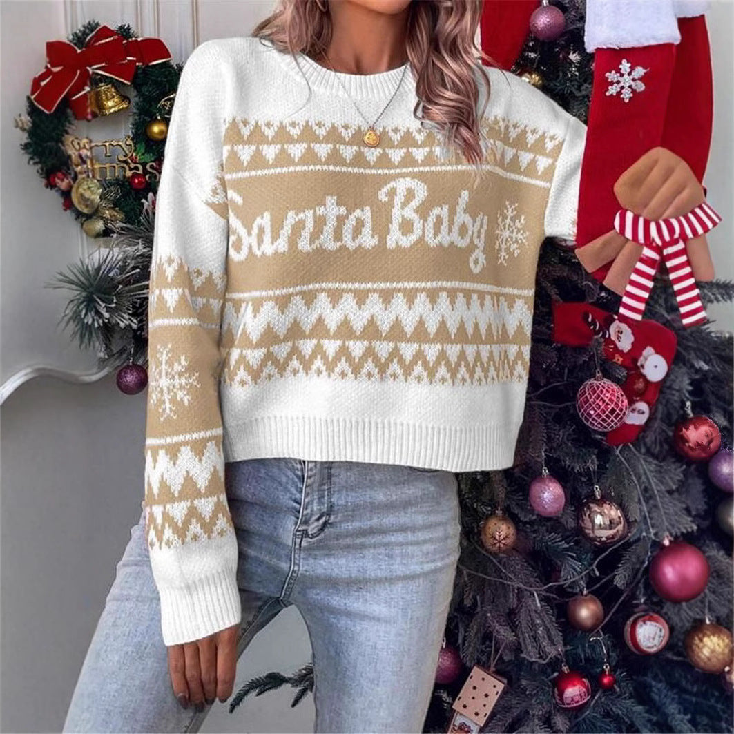 Loose and simple round neck knitted pullover Christmas sweater