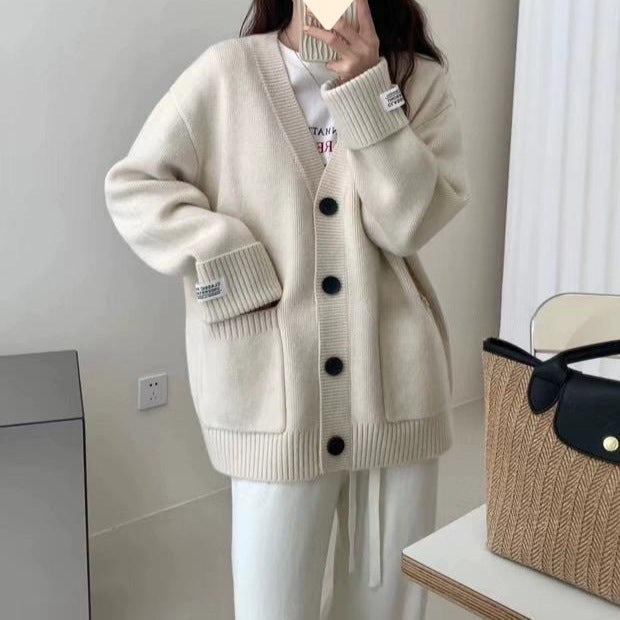 Retro Knitted Cardigan Women's Version Loose Slim Cuffed Sleeve Applique Pocket Soft Sweater Jacket