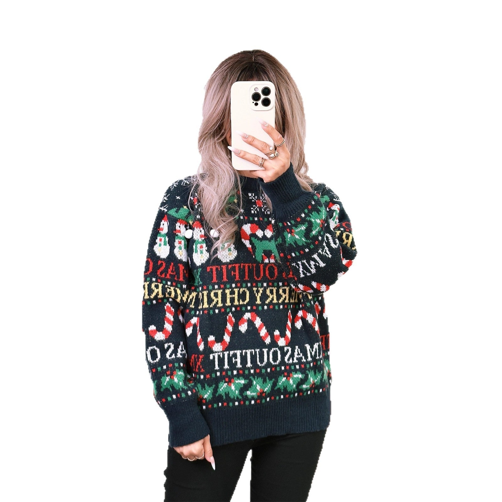 Color blocking knitted top round neck casual retro loose long sleeved sweater for women
