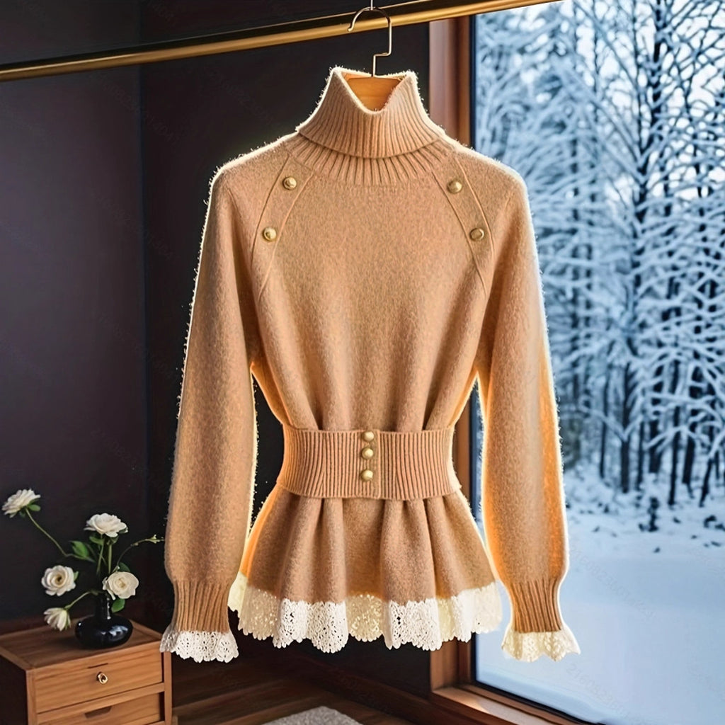 Lapel Warm Women's Sweater Elegant Lace Splicing Waistband Knitted Top