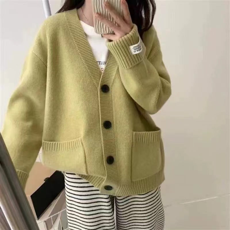 Retro Knitted Cardigan Women's Version Loose Slim Cuffed Sleeve Applique Pocket Soft Sweater Jacket