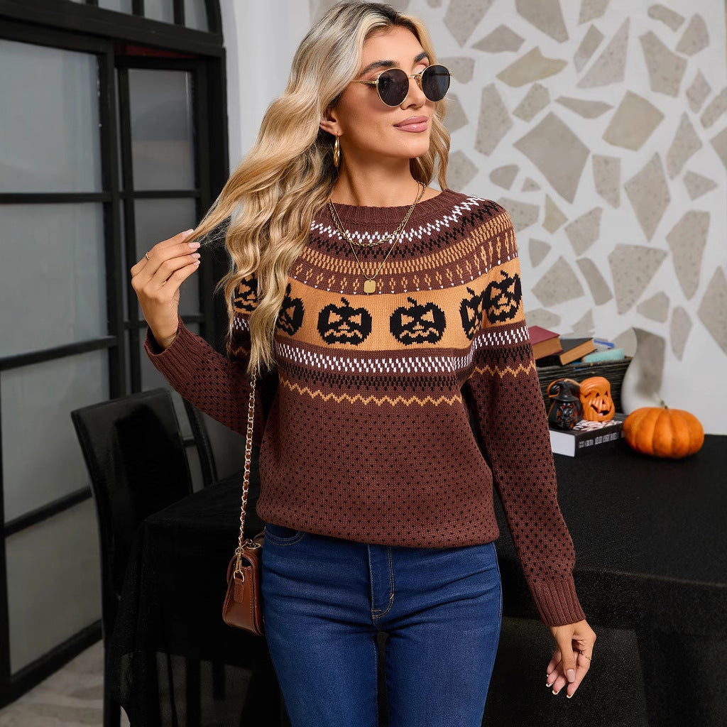 Halloween pumpkin embroidery retro polka dot long sleeved knitted sweater for women