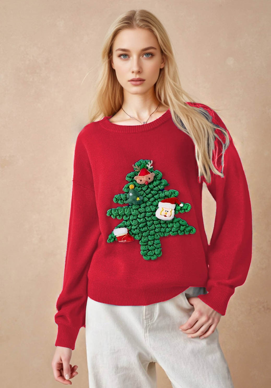 Round neck knitted sweater for women on Christmas Day