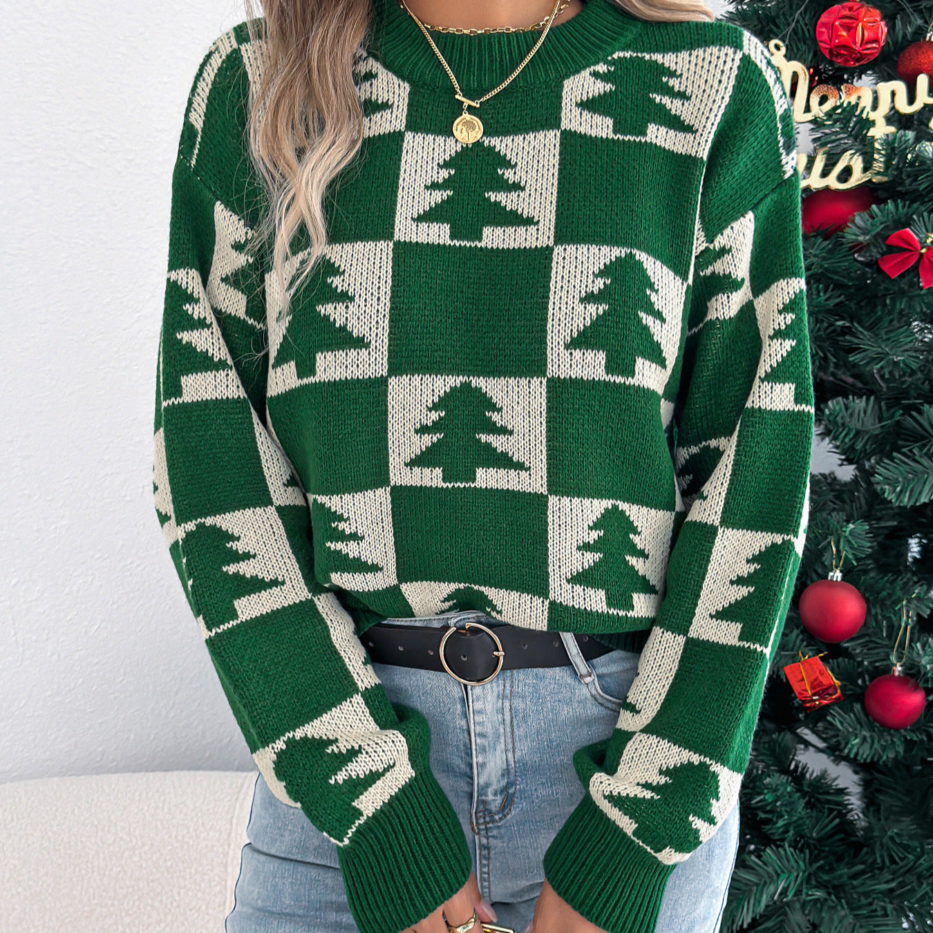 Christmas tree checkered lantern long sleeved pullover sweater