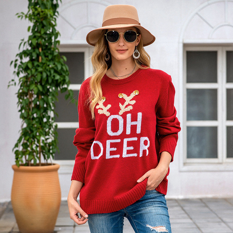 Knitted letter bell round neck Christmas casual sweater