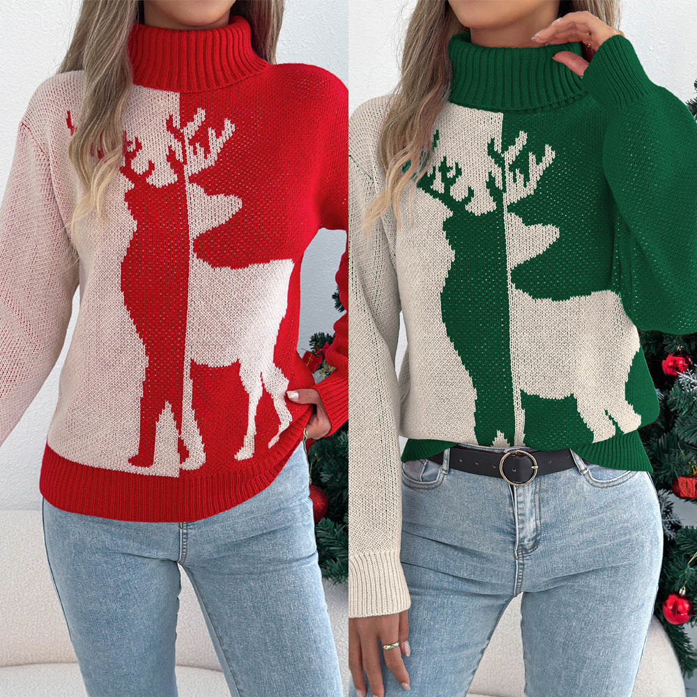 Colorful deer lantern long sleeved high necked pullover sweater