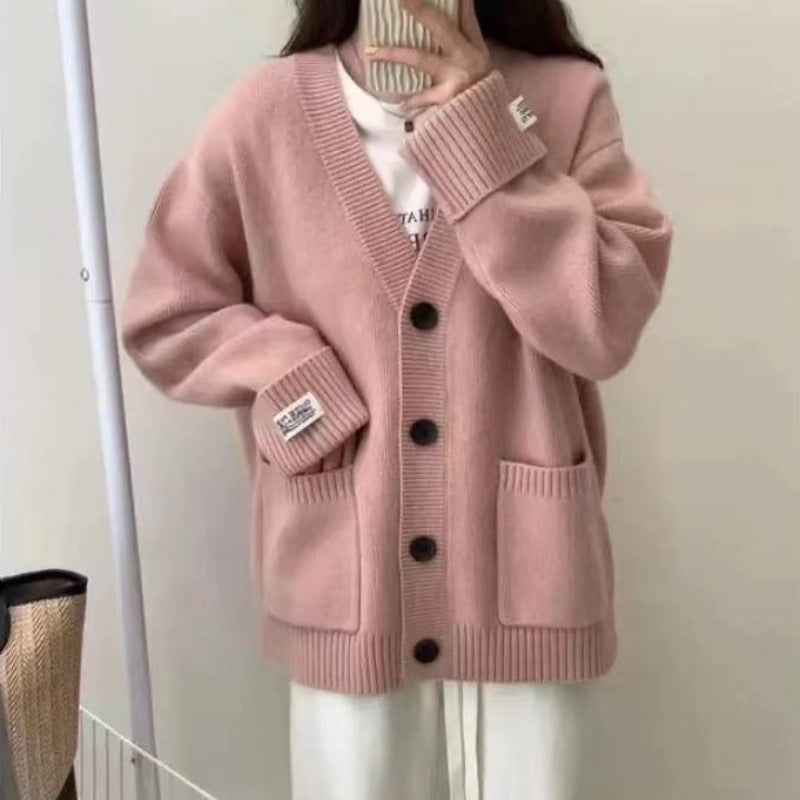 Retro Knitted Cardigan Women's Version Loose Slim Cuffed Sleeve Applique Pocket Soft Sweater Jacket