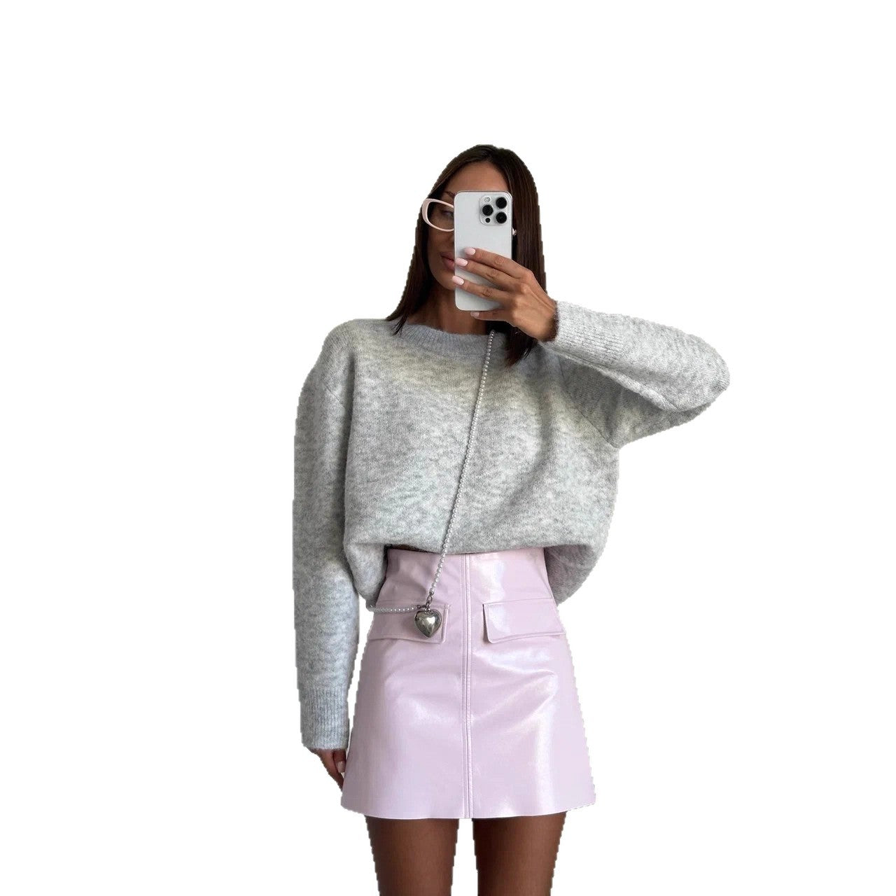 Lazy Style Short Grey Crew Neck Sweater Women Loose Long Alpaca Wool Knitted Sweater