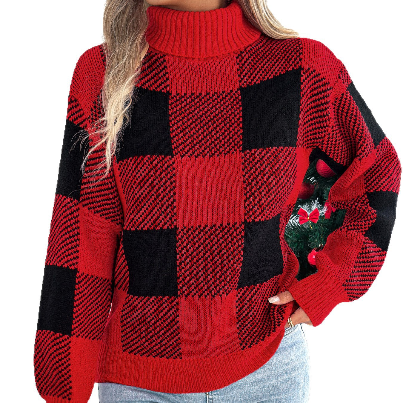 Casual color blocking checkered lantern long sleeved high necked sweater