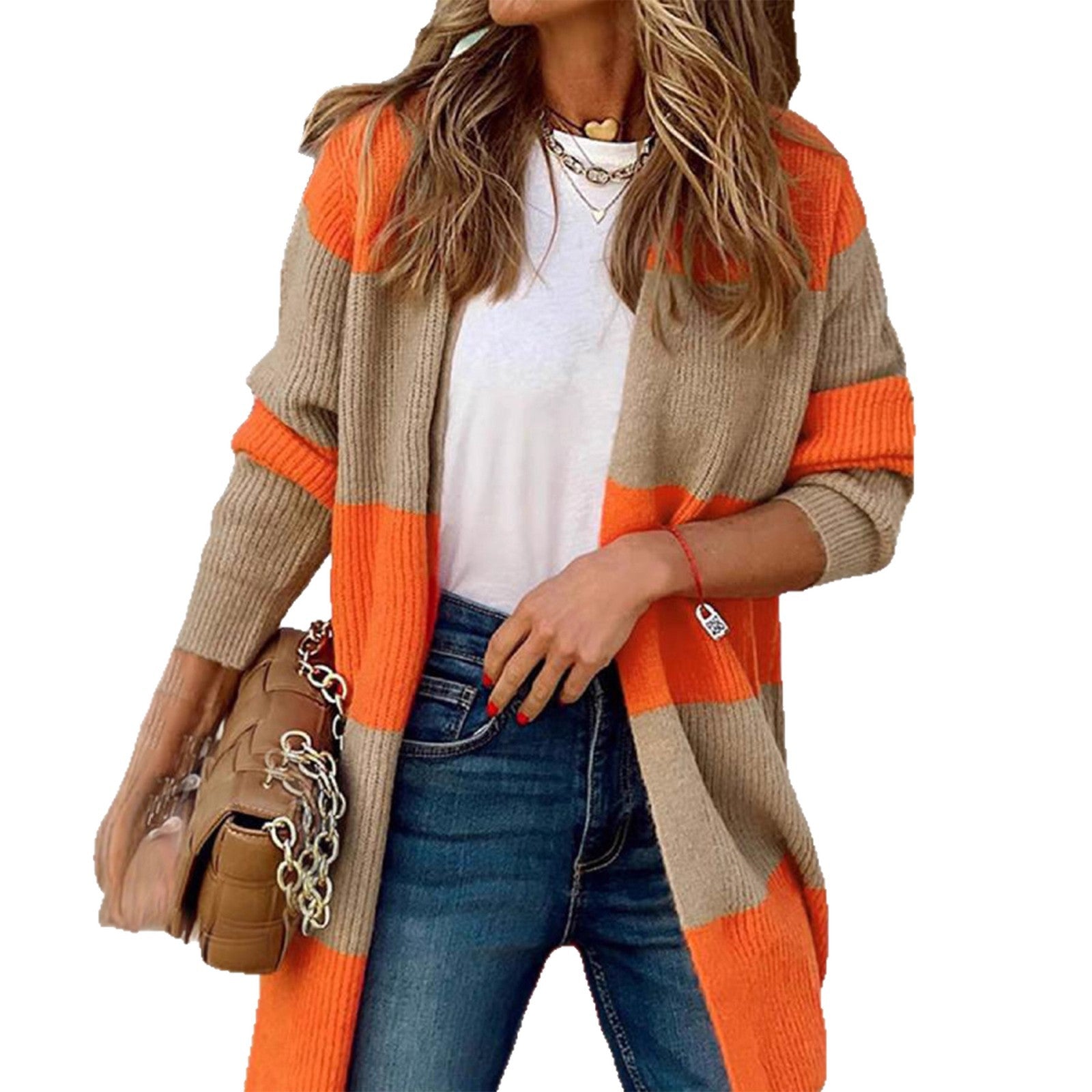 Color Block Striped Open-Front Sweater Women  Casual Mid-Length Drop Shoulder Knit Cardigan