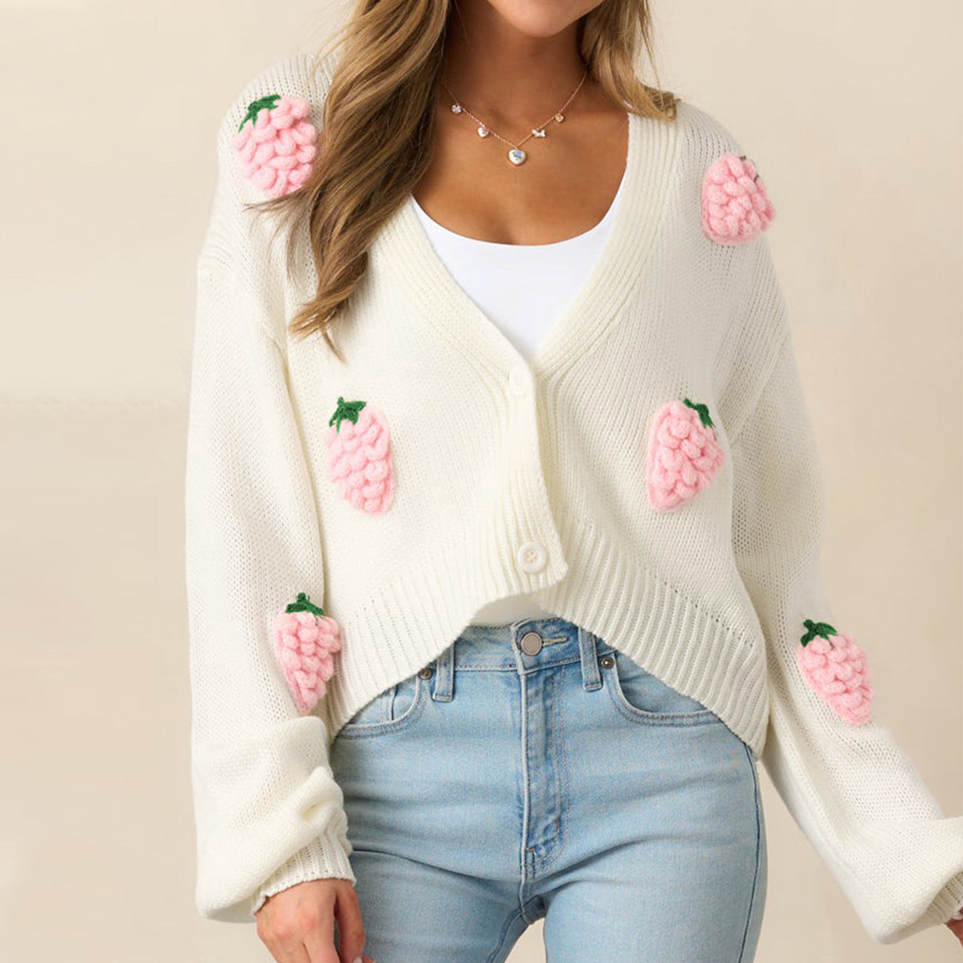 Women's Sweater Cardigan with Strawberry Pattern, Long Sleeve Knitted Top with Buttons