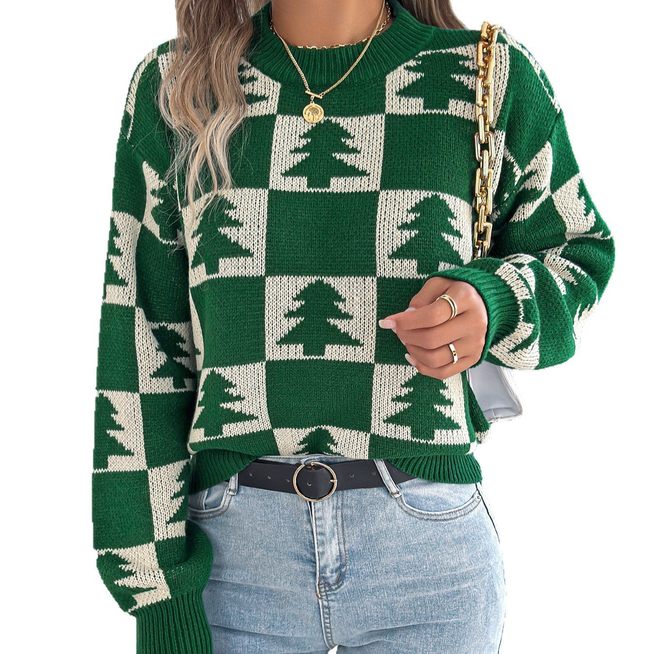 Christmas tree checkered lantern long sleeved pullover sweater