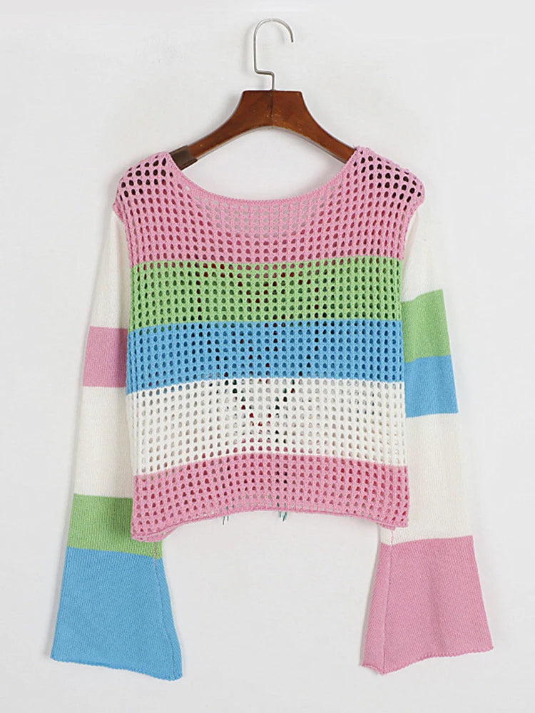 Hit Color Striped Knitting Sweaters For Women Round Neck Long Sleeve Hollow Out Chic Sweater Female Clothing