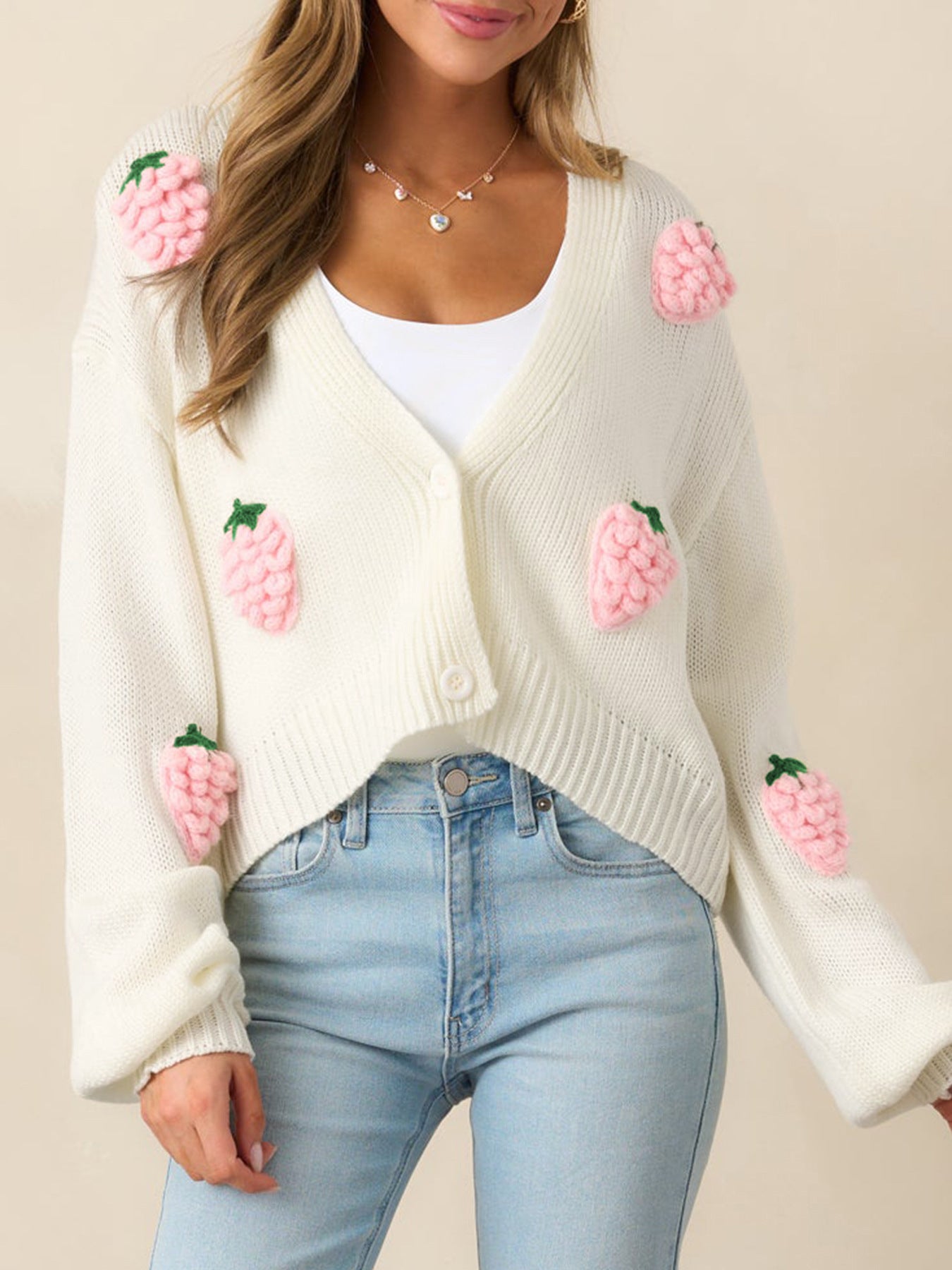 Women's Sweater Cardigan with Strawberry Pattern, Long Sleeve Knitted Top with Buttons