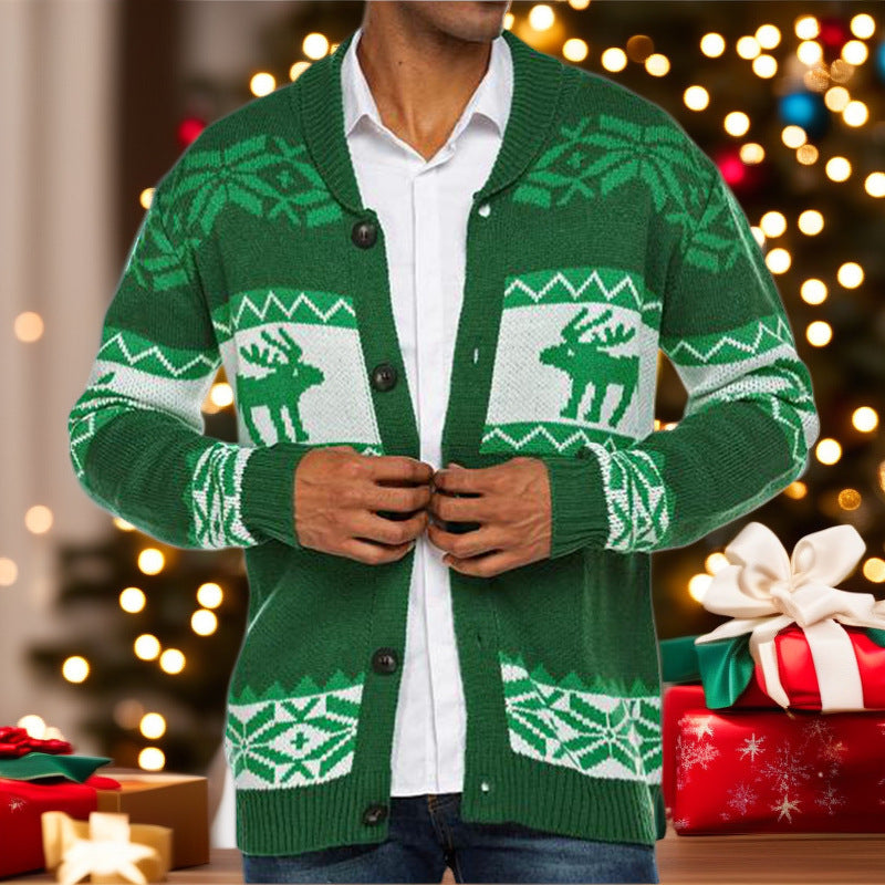 Christmas Jacquard Knitted Sweater Button Open Sweater Coat