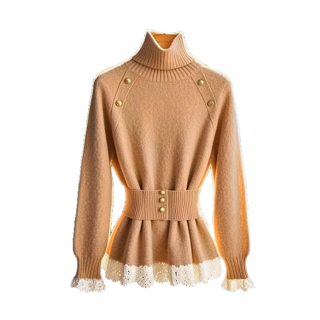 Lapel Warm Women's Sweater Elegant Lace Splicing Waistband Knitted Top