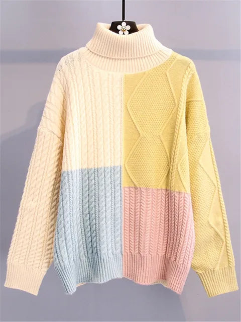 Fashion Patchwork Women Knitted Sweater  Autumn Winter Turtleneck Thick Warm Sweaters Loose Pullover Female Jumpers Tops