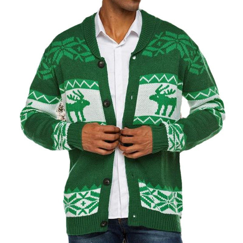 Christmas Jacquard Knitted Sweater Button Open Sweater Coat
