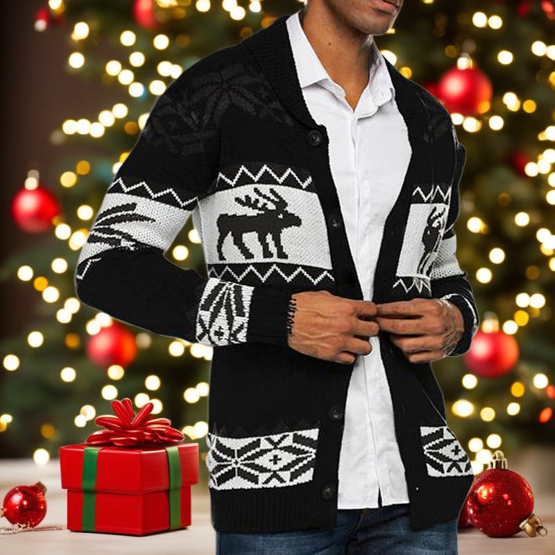 Christmas Jacquard Knitted Sweater Button Open Sweater Coat